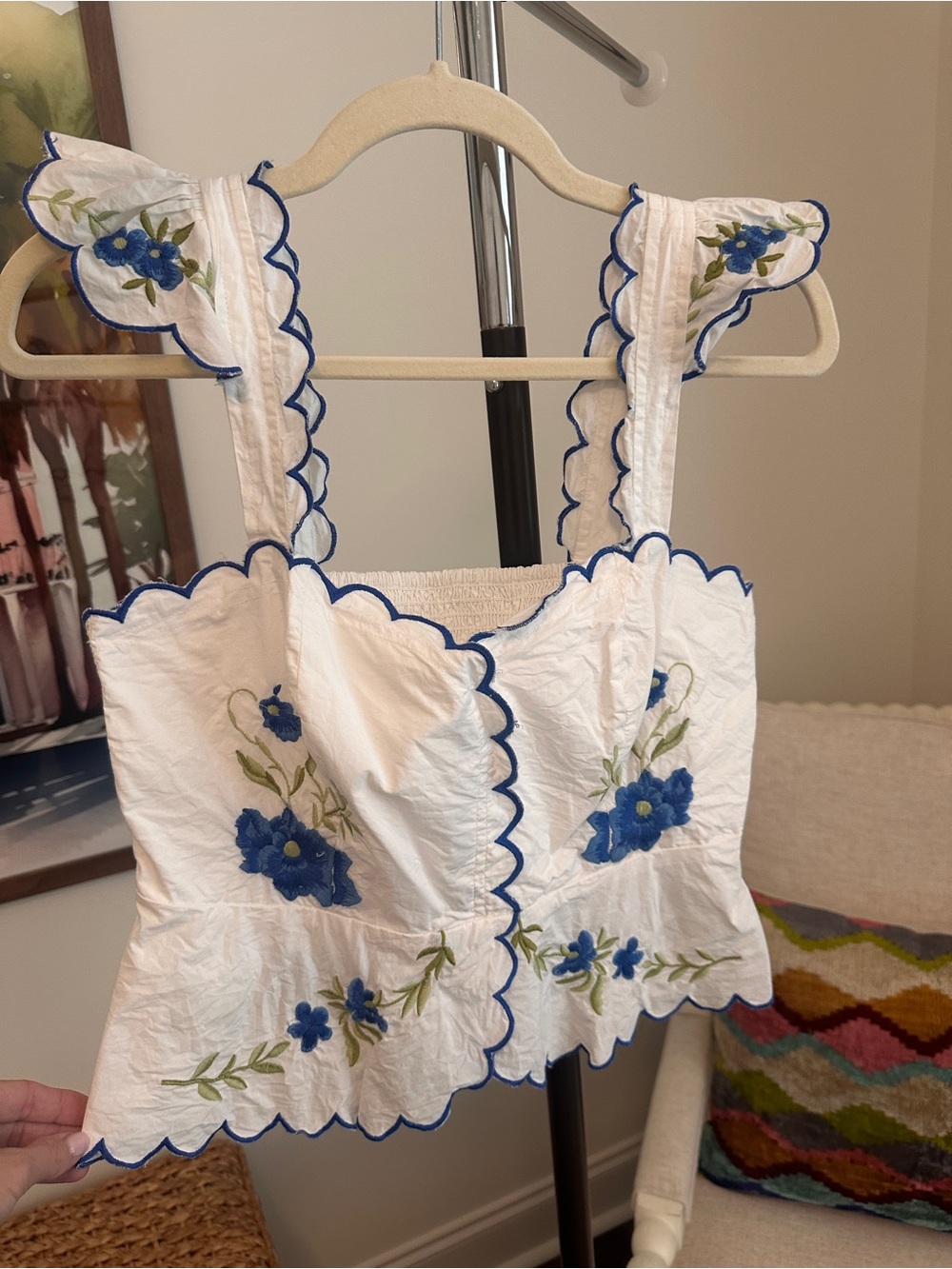 Maeve White Cropped Camisole with Blue Floral Embroidery